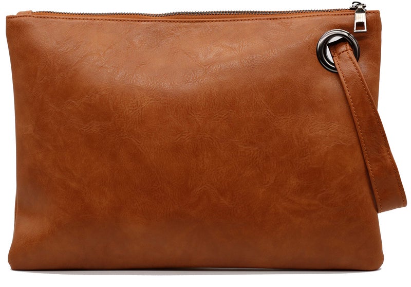 Amaze Womens Oversized Clutch Bag Large PU Leather Pouch Evening Handbags Envelope Purse with Wristlet Shoulder Lady (Brown) - Image 1
